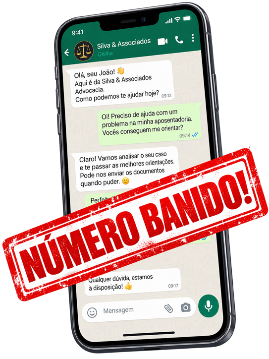 Ilustração de uma conversa comercial no WhatsApp com o aviso Número banido